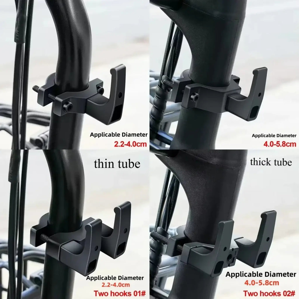 Black plastic universal motorcycle helmet bag hook hanger with two hooks for securing basket or rack on handlebar