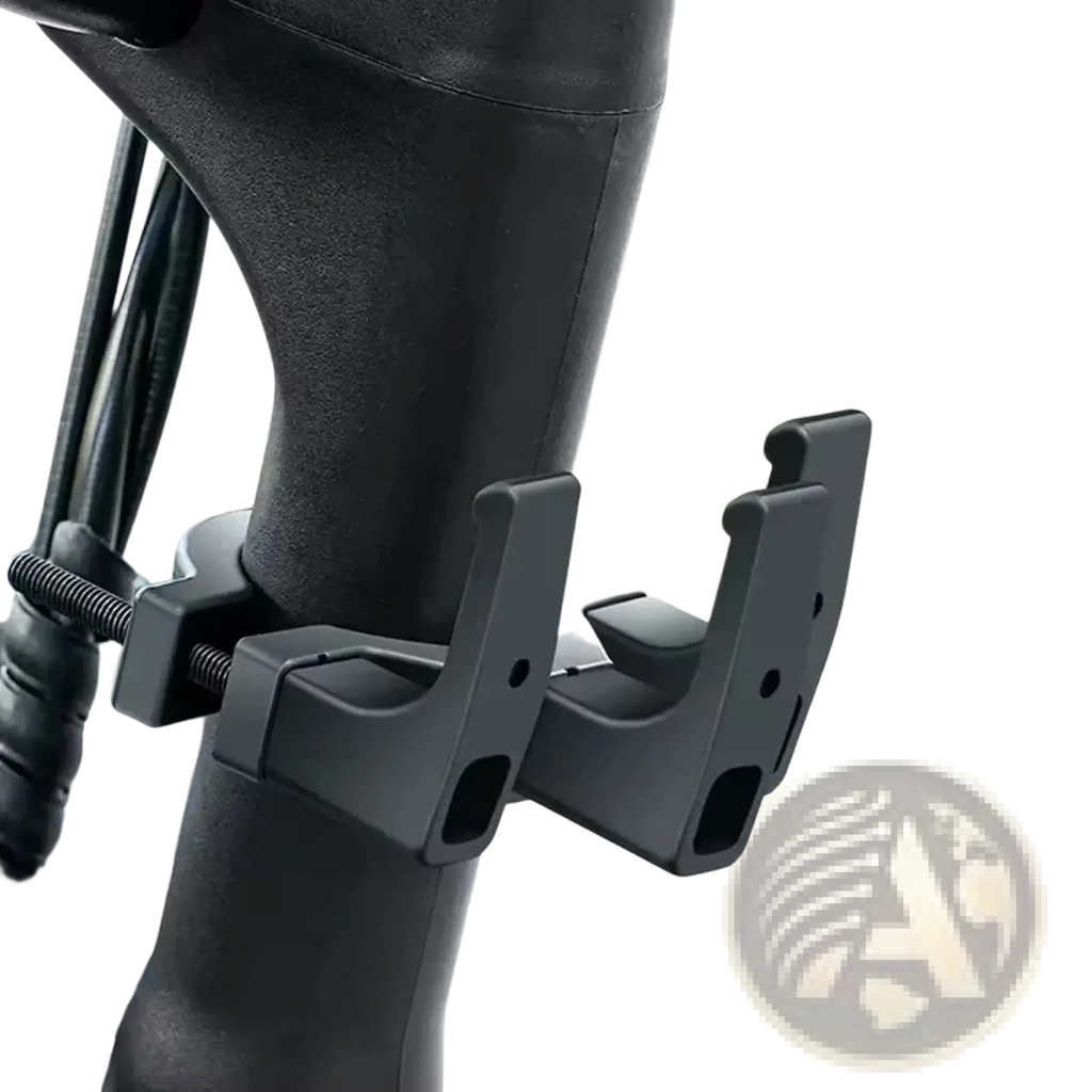 Black plastic universal motorcycle helmet bag hook hanger with three hooks for handlebar mounting visible from back side