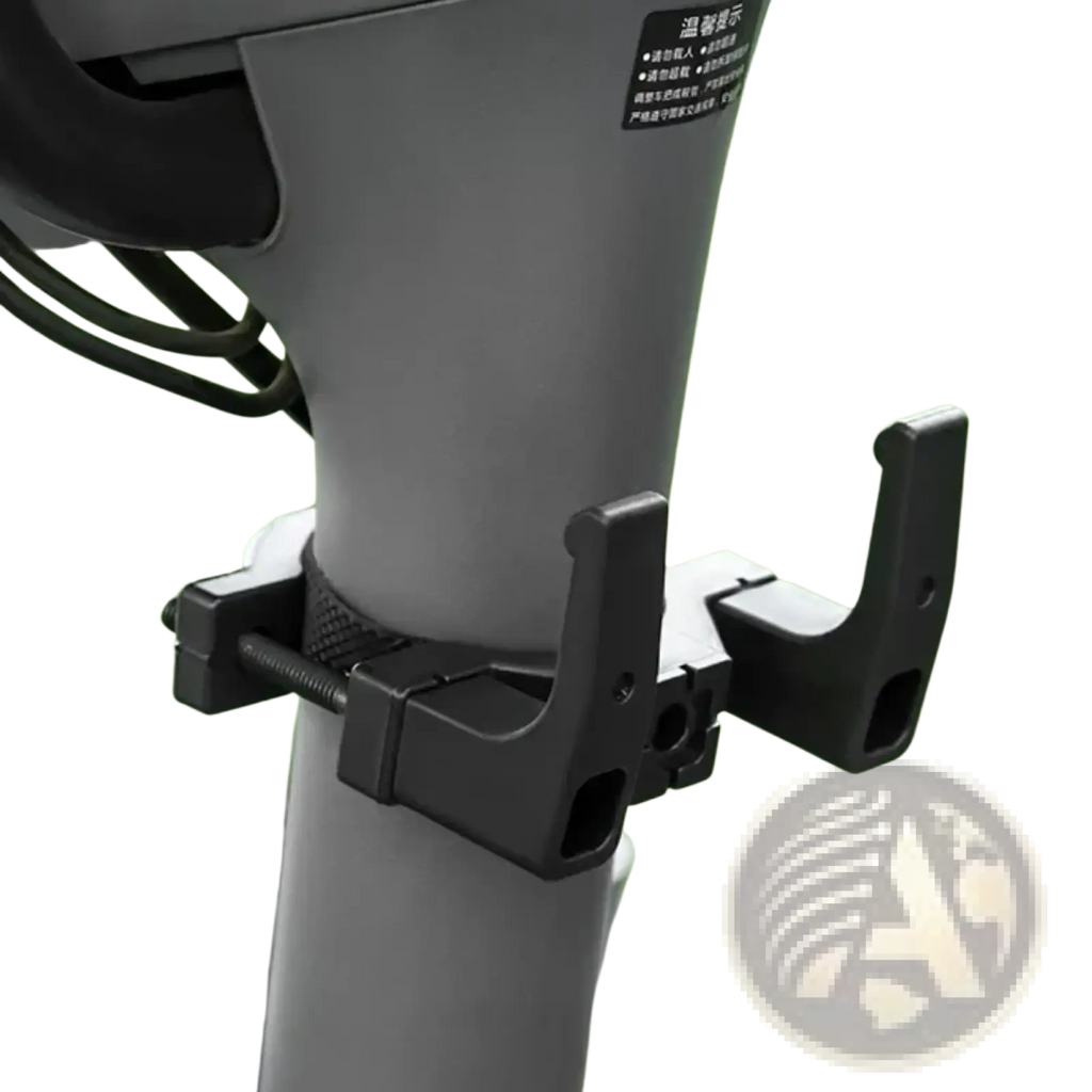 Black plastic universal motorcycle helmet bag hook hanger with adjustable clamp and hook design, back side view