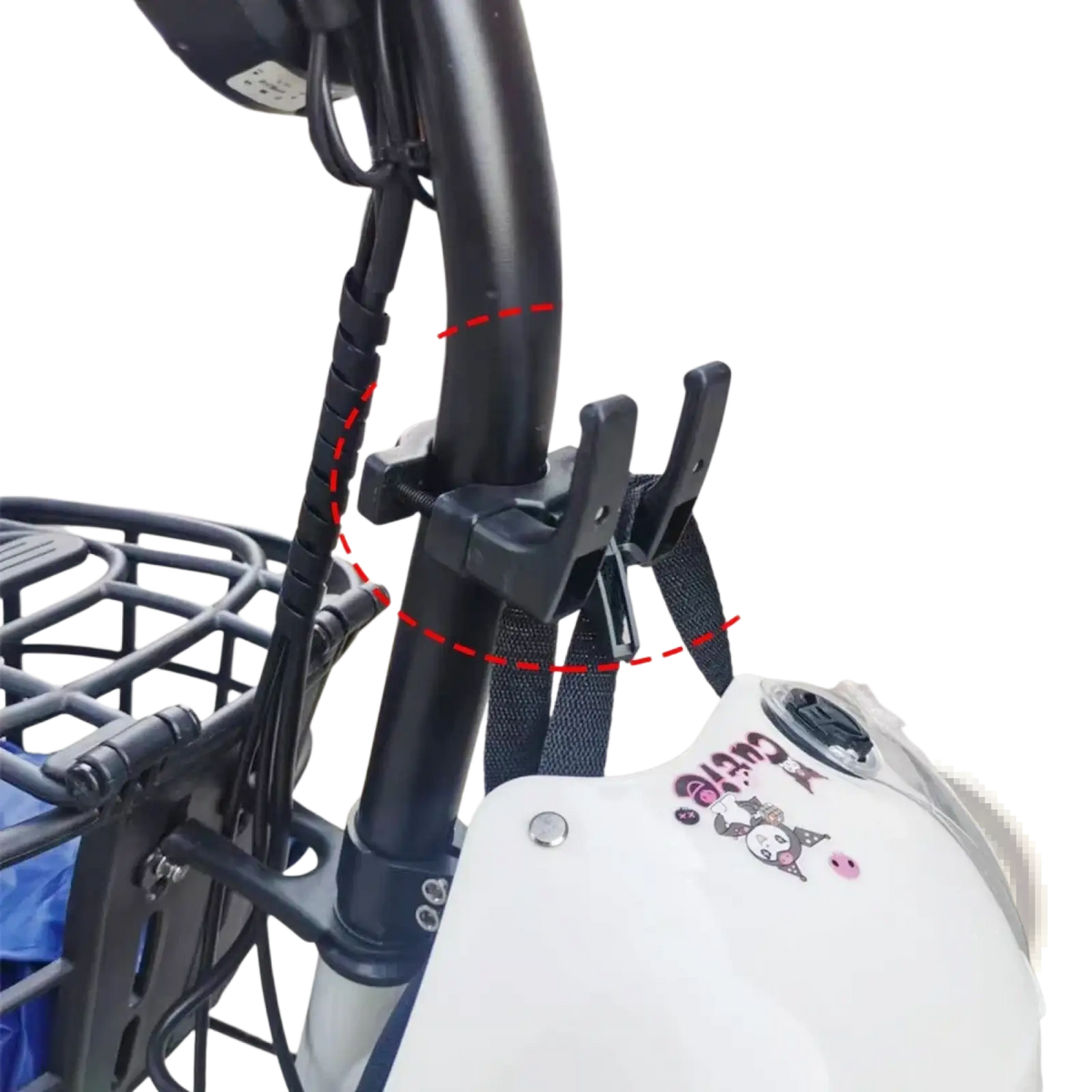 Black plastic universal motorcycle helmet bag hook hanger with adjustable straps for secure device mounting