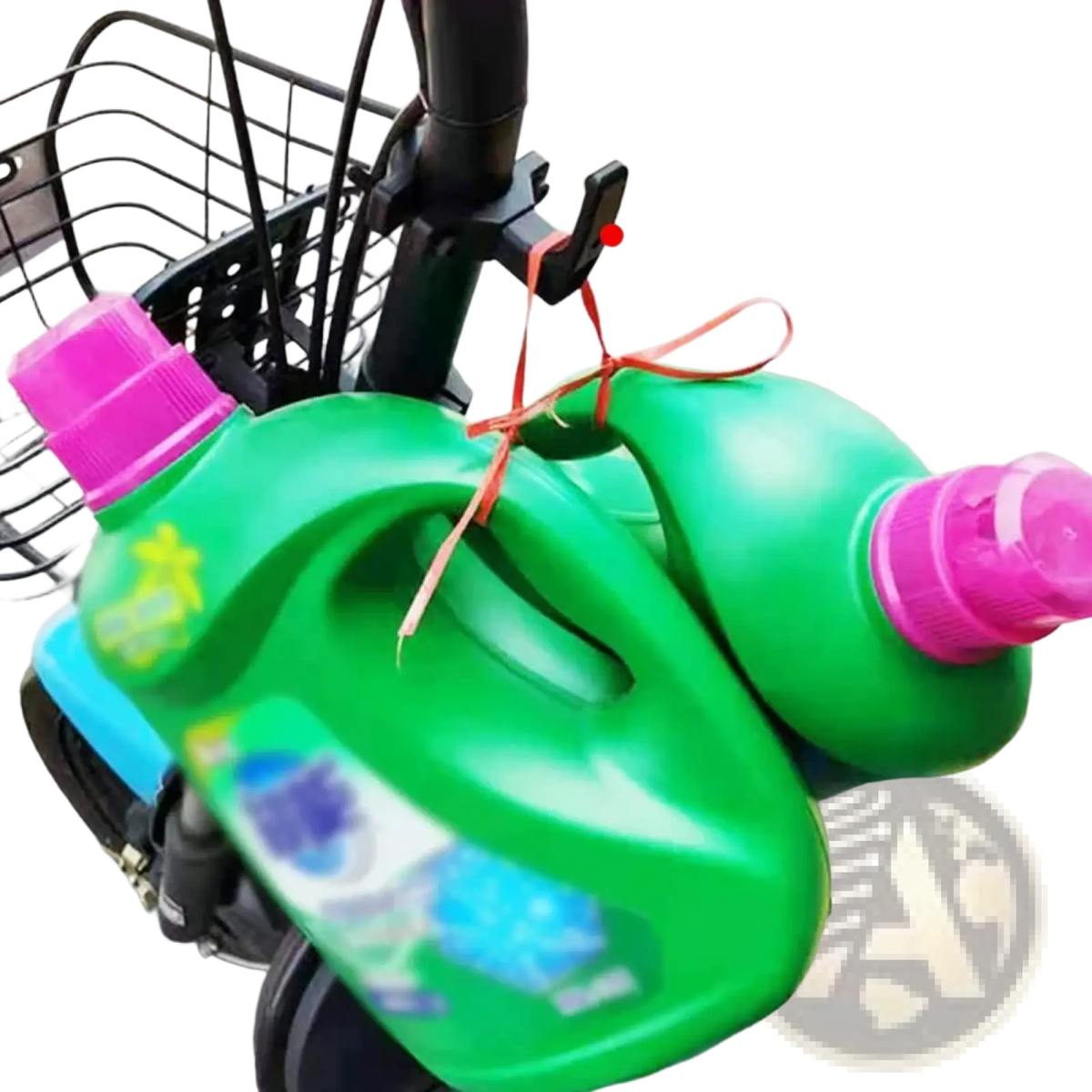 Universal motorcycle helmet bag hook hanger securing two green plastic detergent bottles with pink caps to scooter handlebar