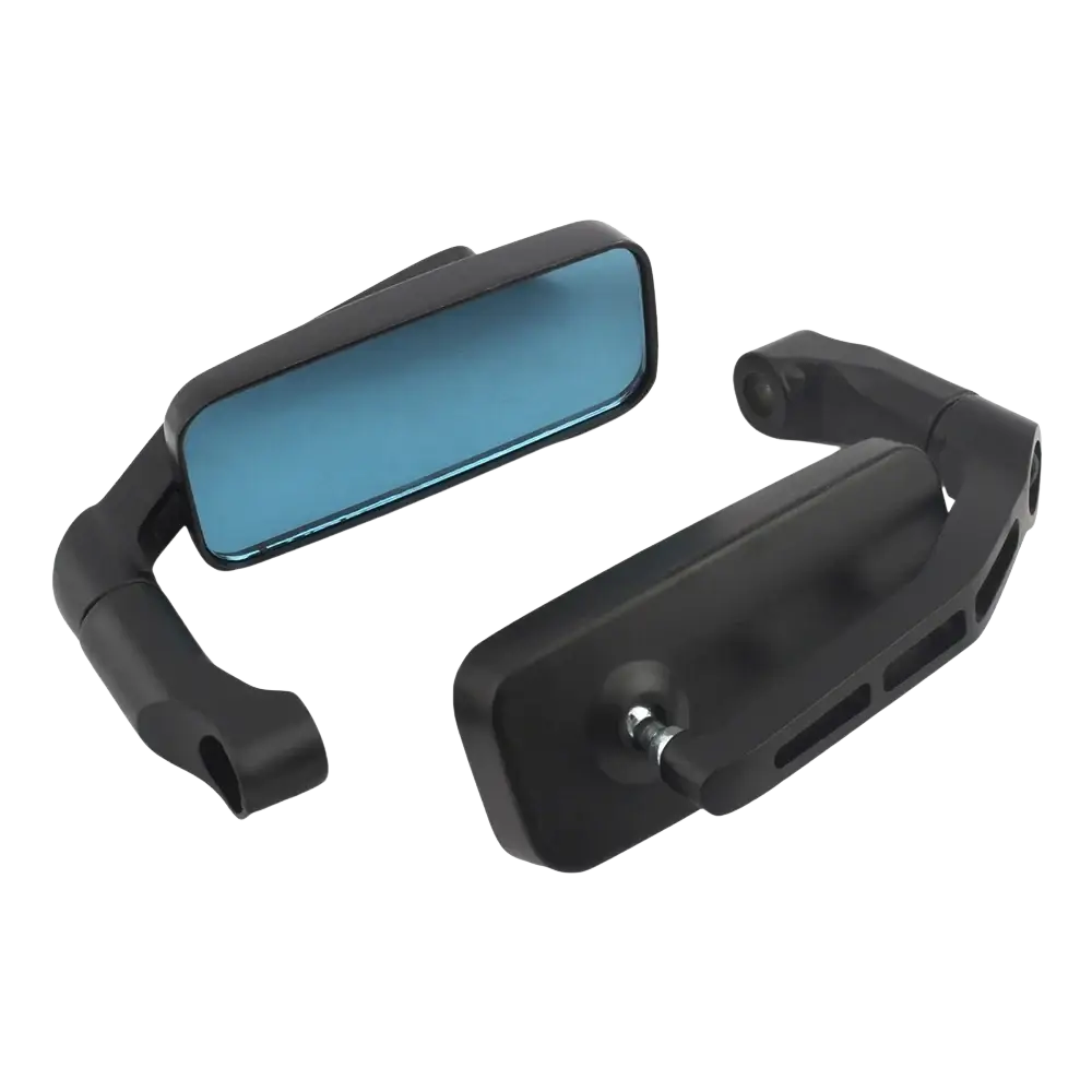 Universal motorcycle rearview mirrors black with blue-tinted reflective glass and sleek angular design shown from the back