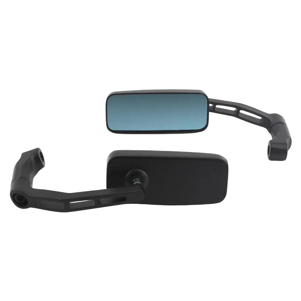 Universal motorcycle rearview mirrors black showing sleek angular design with tinted blue reflective glass on back side