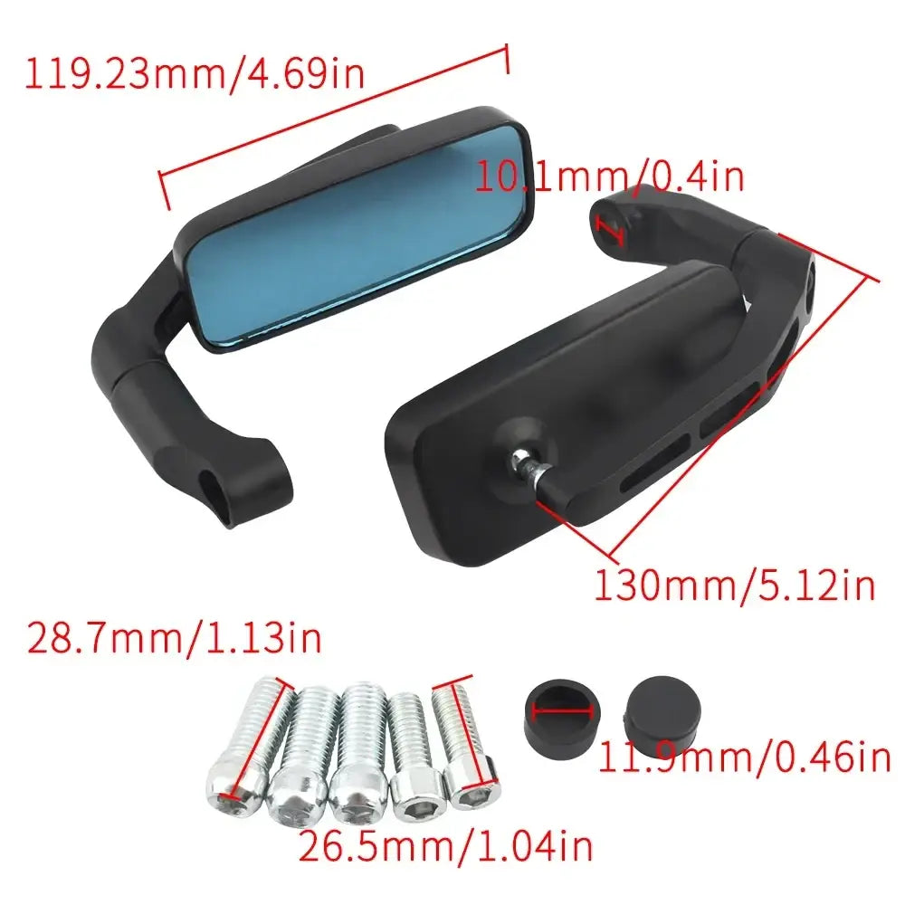 Universal motorcycle rearview mirrors black with blue-tinted reflective glass and sleek angular design showing back side
