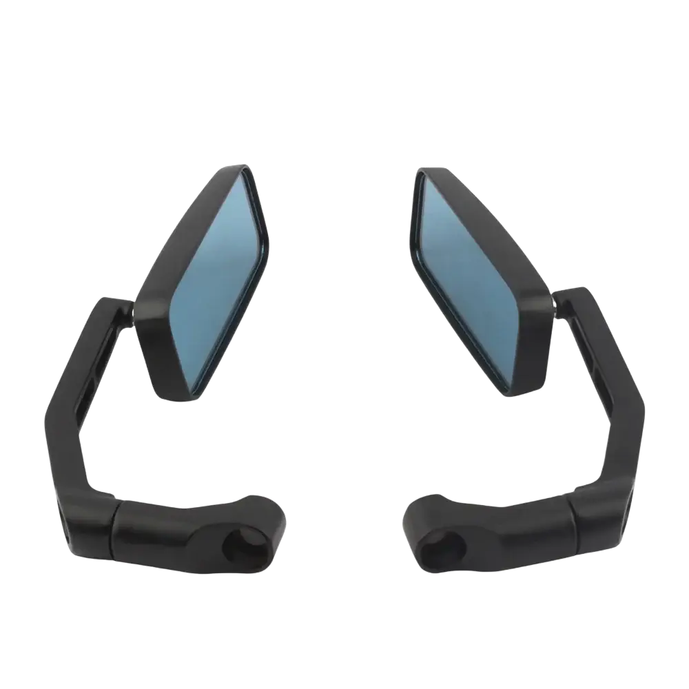 Universal motorcycle rearview mirrors black with blue-tinted reflective glass and sleek angular design shown from the back side