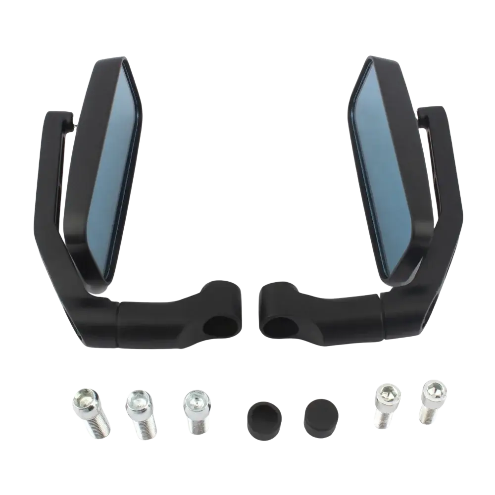 Universal motorcycle rearview mirrors black with sleek angular design and blue-tinted reflective glass shown from back side