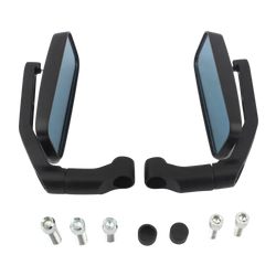 Universal motorcycle rearview mirrors black with sleek angular design and blue-tinted reflective glass shown from back side