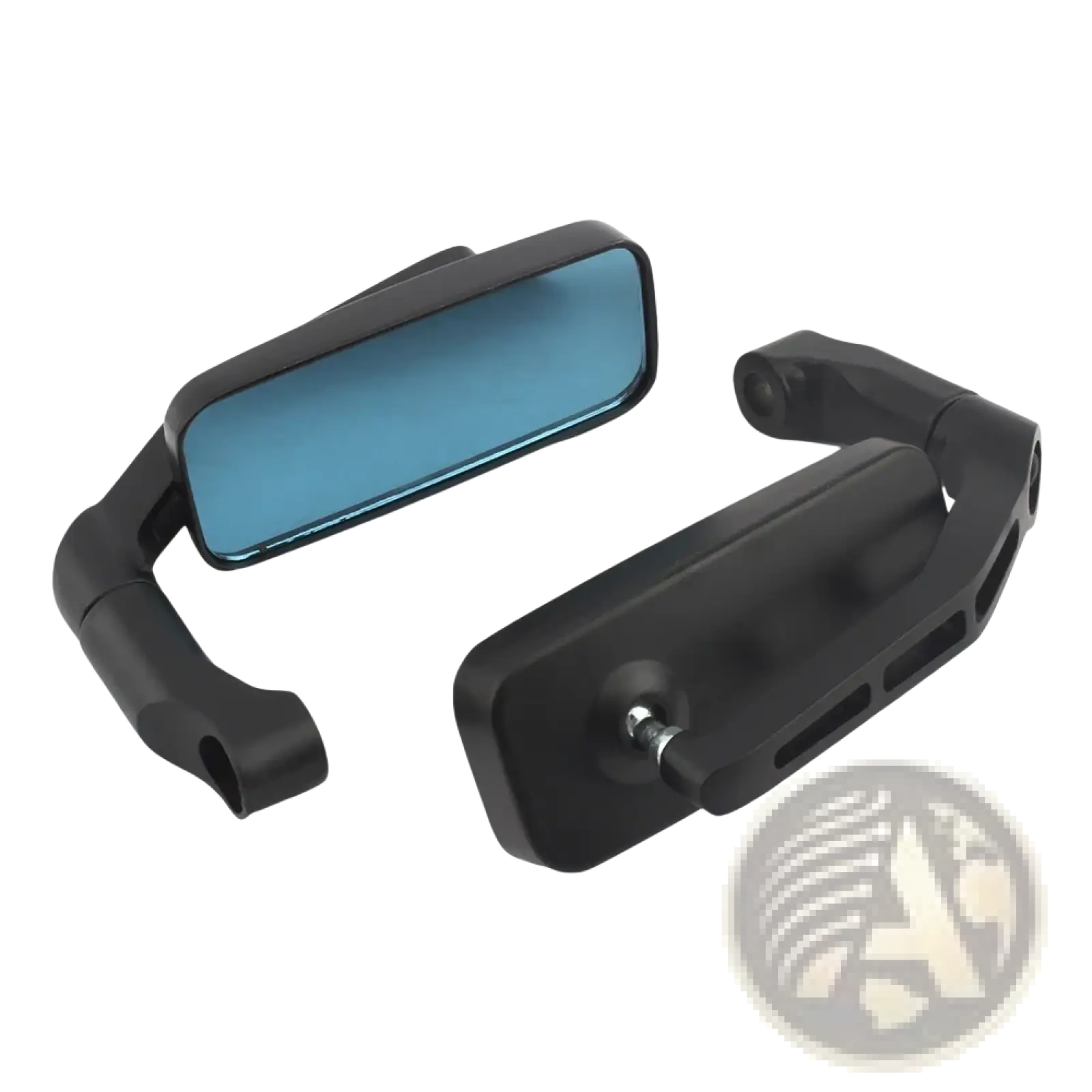 Universal motorcycle rearview mirrors black with blue-tinted reflective glass and sleek angular design shown from the back