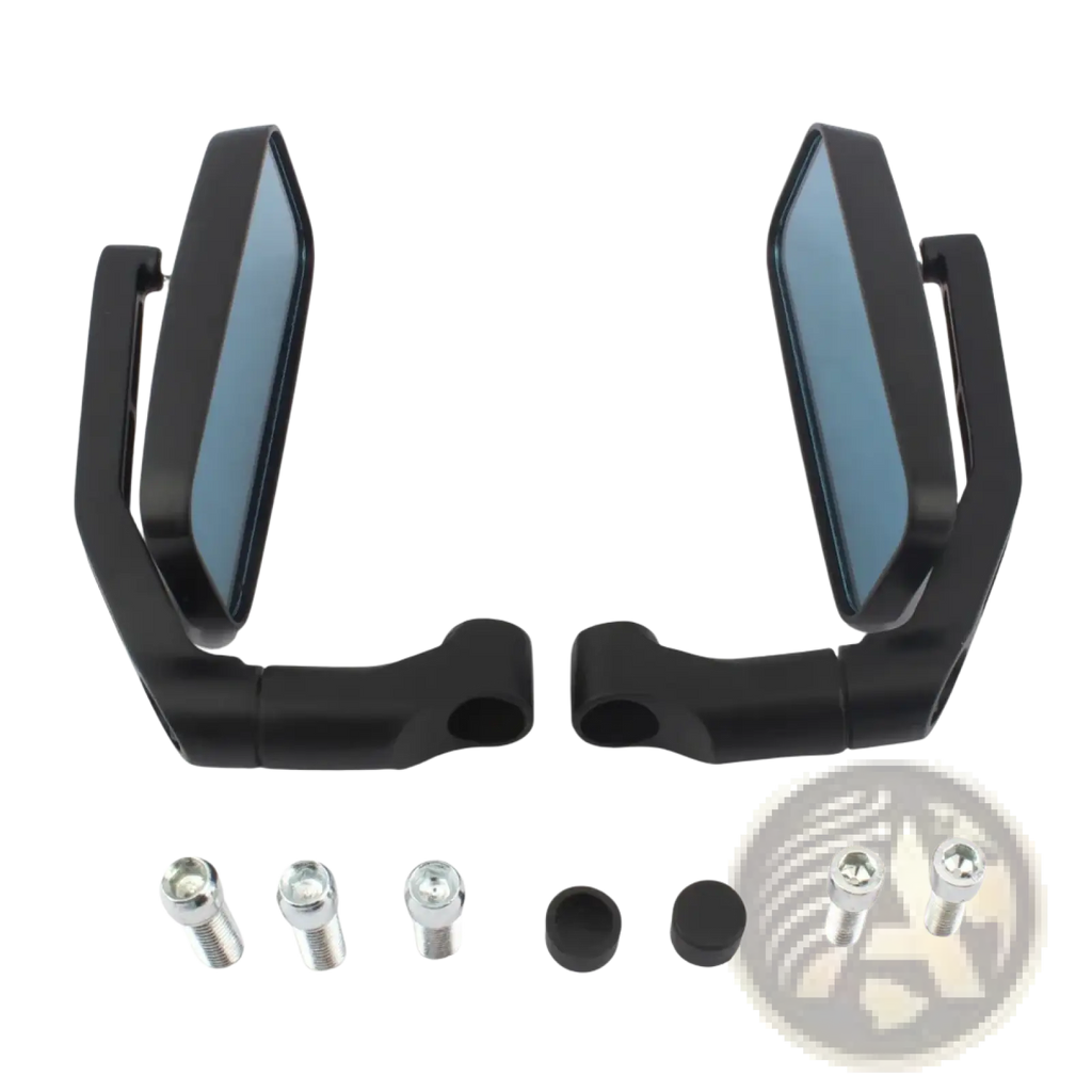 Universal motorcycle rearview mirrors black with sleek angular design and blue-tinted reflective glass shown from back side