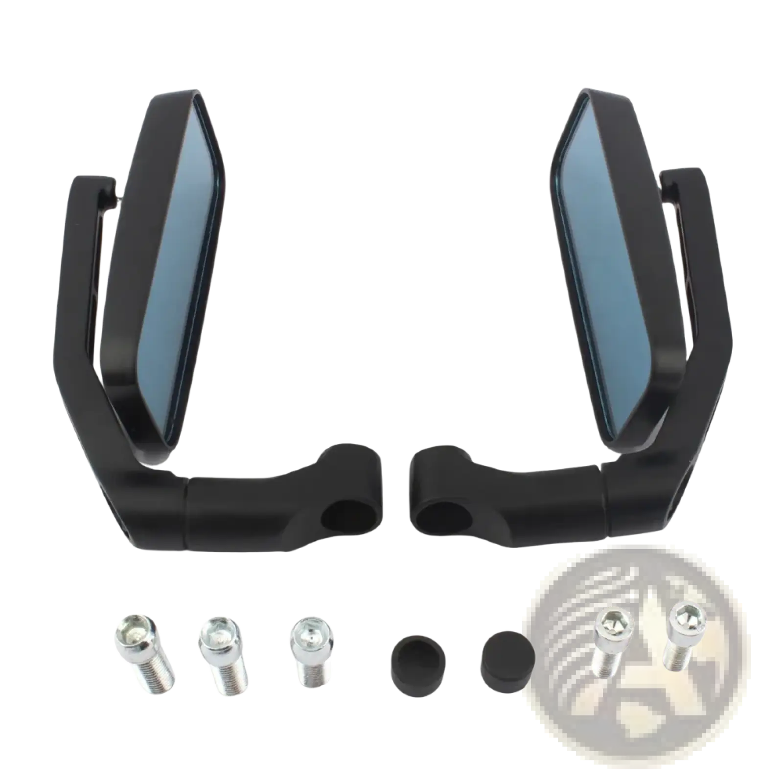 Universal motorcycle rearview mirrors black with sleek angular design and blue-tinted reflective glass shown from back side