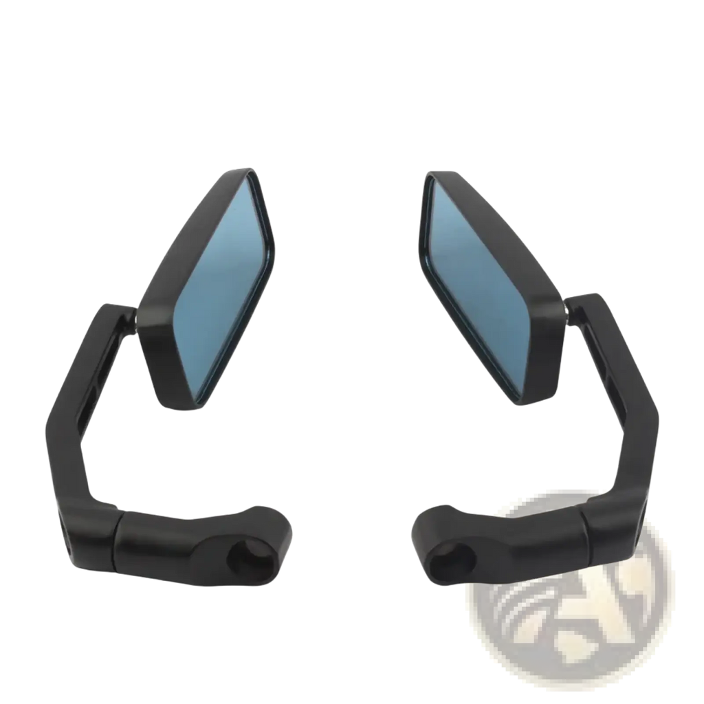 Universal motorcycle rearview mirrors black with blue-tinted reflective glass and sleek angular design shown from the back side