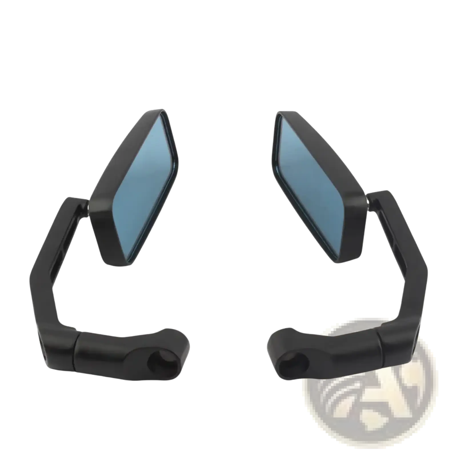 Universal motorcycle rearview mirrors black with blue-tinted reflective glass and sleek angular design shown from the back side