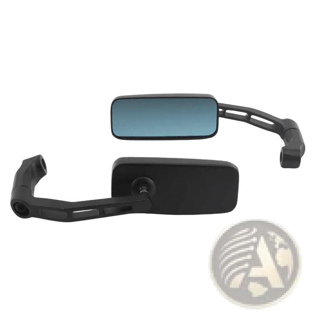 Universal motorcycle rearview mirrors black showing sleek angular design with tinted blue reflective glass on back side