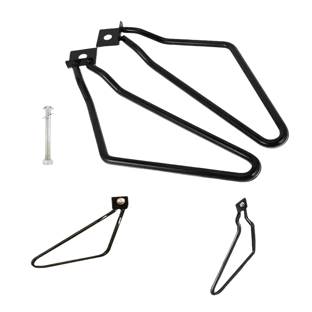 Black metal universal motorcycle saddlebag mount brackets with sleek angular design and visible mounting hardware back side