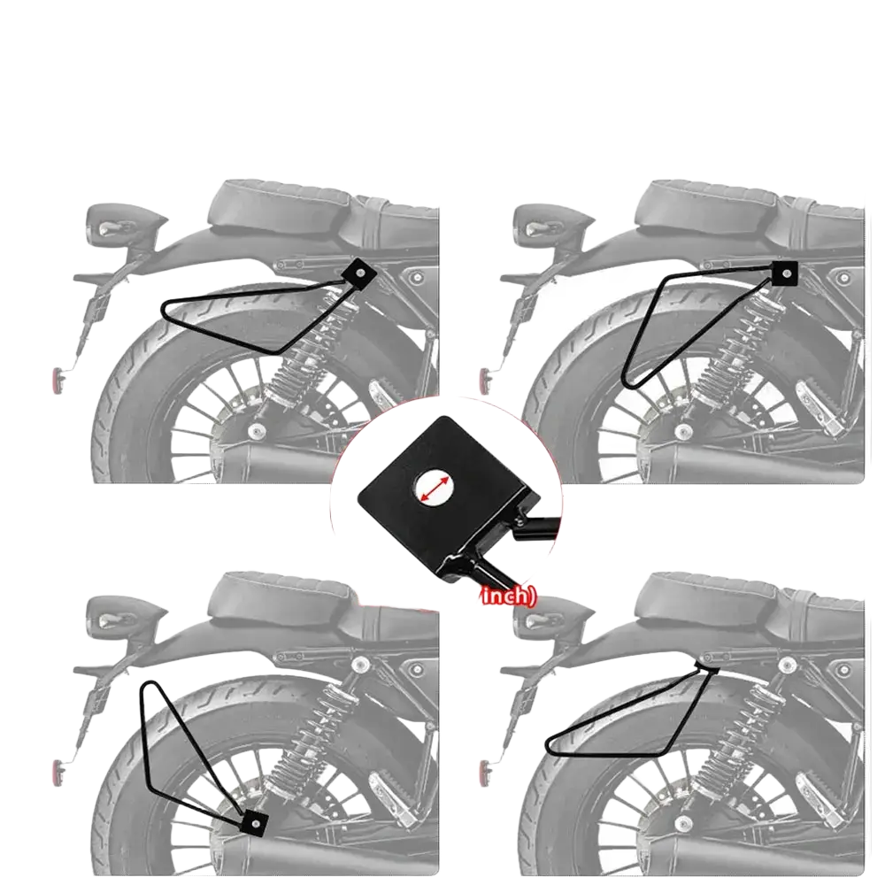 Black metal universal motorcycle saddlebag mount bracket with adjustable multi-angle rear rack shown from back side