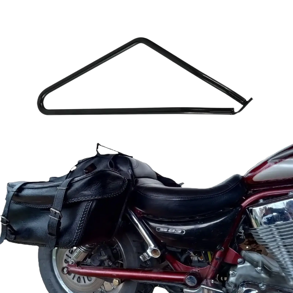 Black metal universal motorcycle saddlebag mount bracket with triangular frame and square mounting plate back side view