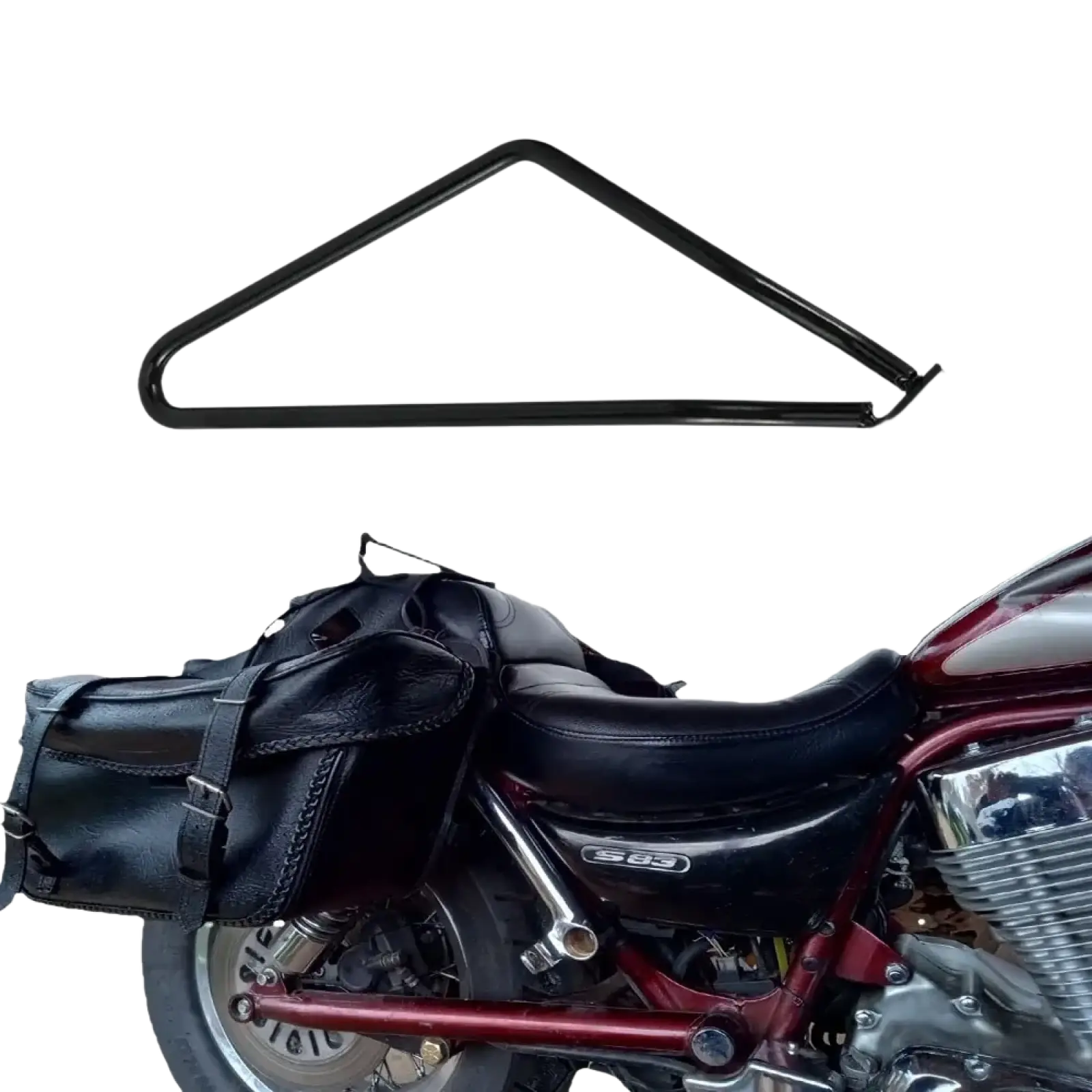 Black metal universal motorcycle saddlebag mount bracket with triangular frame and square mounting plate back side view