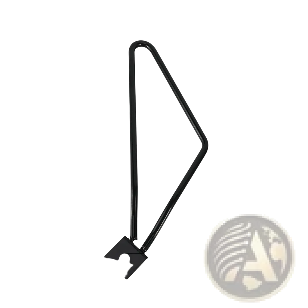 Black metal universal motorcycle saddlebag mount bracket with u-shaped frame and square base shown from back side