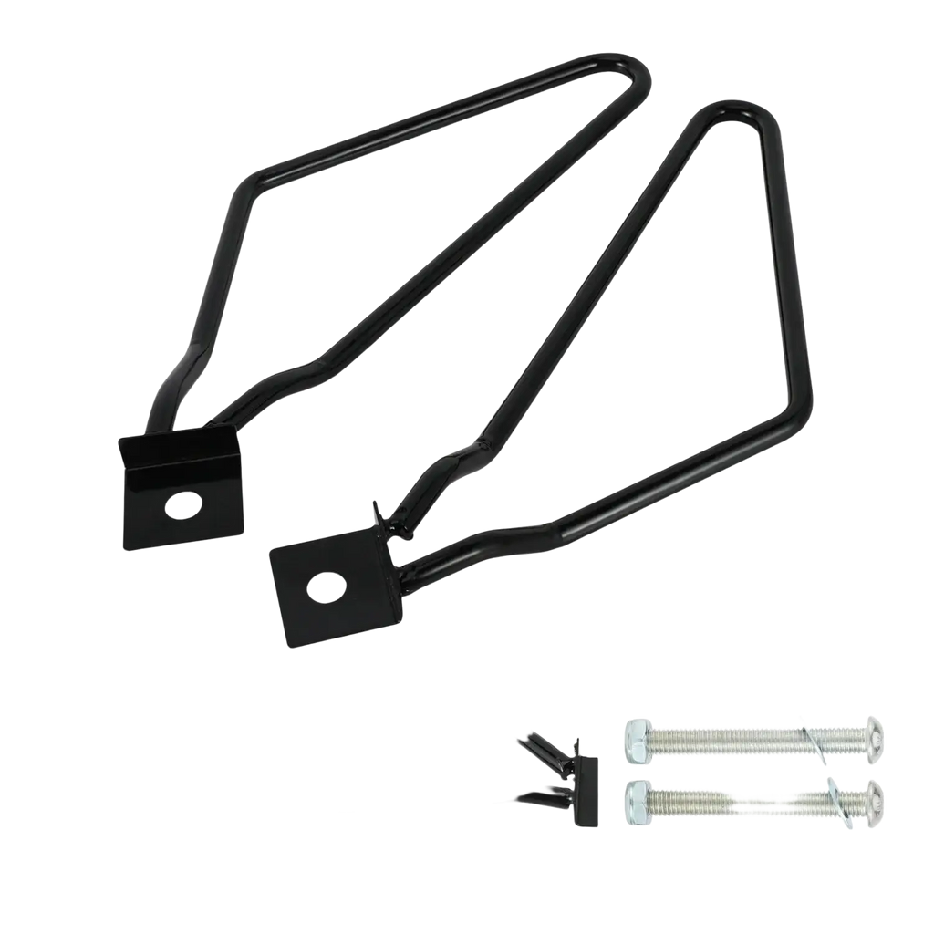 Black metal universal motorcycle saddlebag mount brackets with arms screws and mounting hardware shown from back side