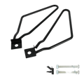 Black metal universal motorcycle saddlebag mount brackets with arms screws and mounting hardware shown from back side