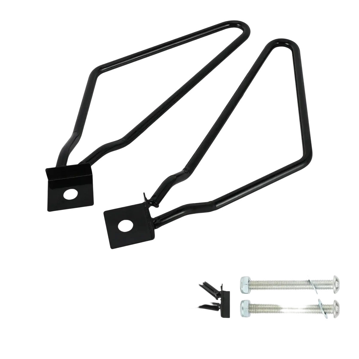 Black metal universal motorcycle saddlebag mount brackets with arms screws and mounting hardware shown from back side