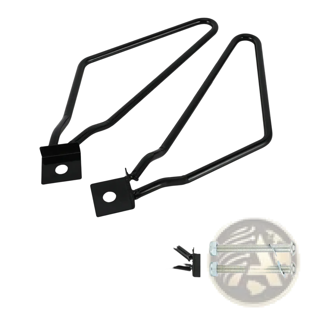 Black metal universal motorcycle saddlebag mount brackets with arms screws and mounting hardware shown from back side