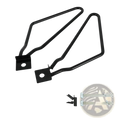 Black metal universal motorcycle saddlebag mount brackets with arms screws and mounting hardware shown from back side