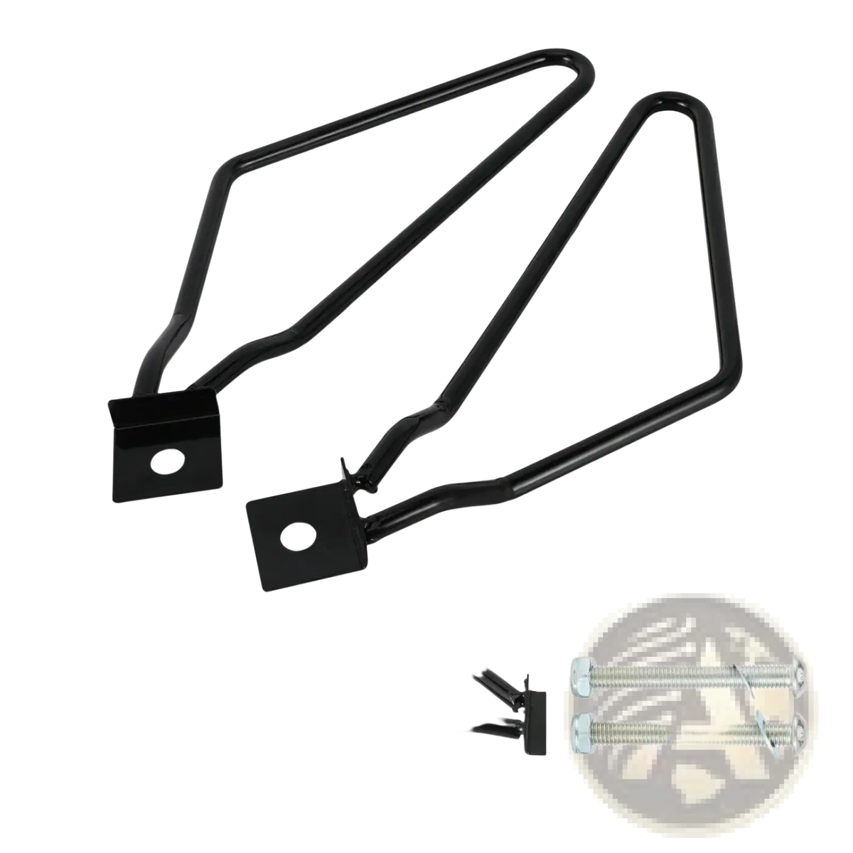 Black metal universal motorcycle saddlebag mount brackets with arms screws and mounting hardware shown from back side