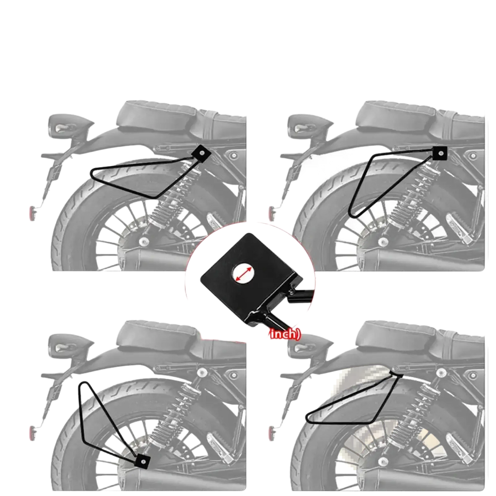 Black metal universal motorcycle saddlebag mount bracket with adjustable multi-angle rear rack shown from back side