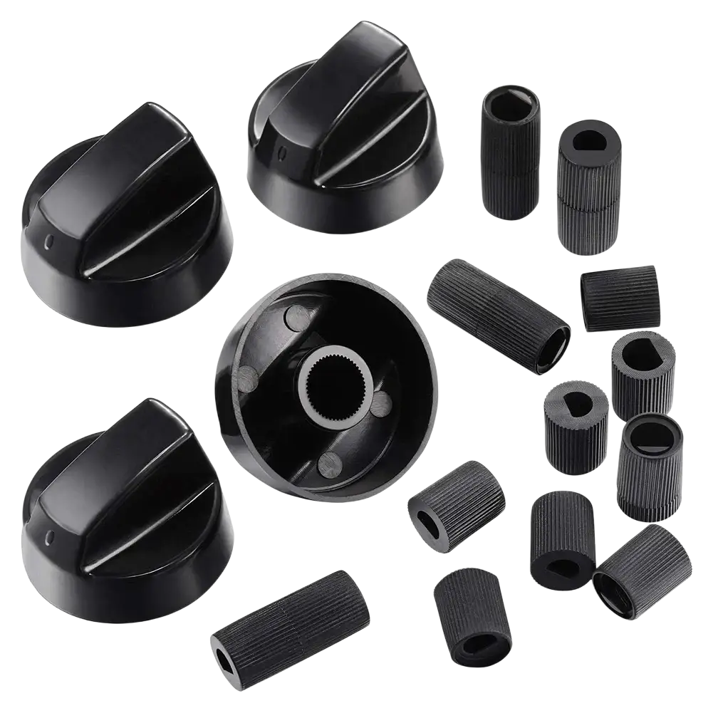 Black plastic knob and sleeve assembly universal oven control knob set with adapters for appliance use
