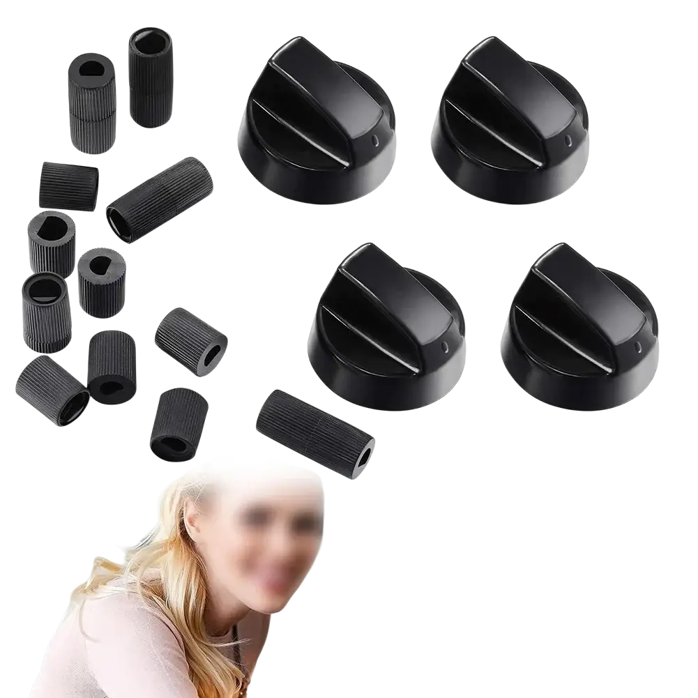 Black silicone universal oven control knob set with ribbed texture ergonomic design and included adapters for easy installation