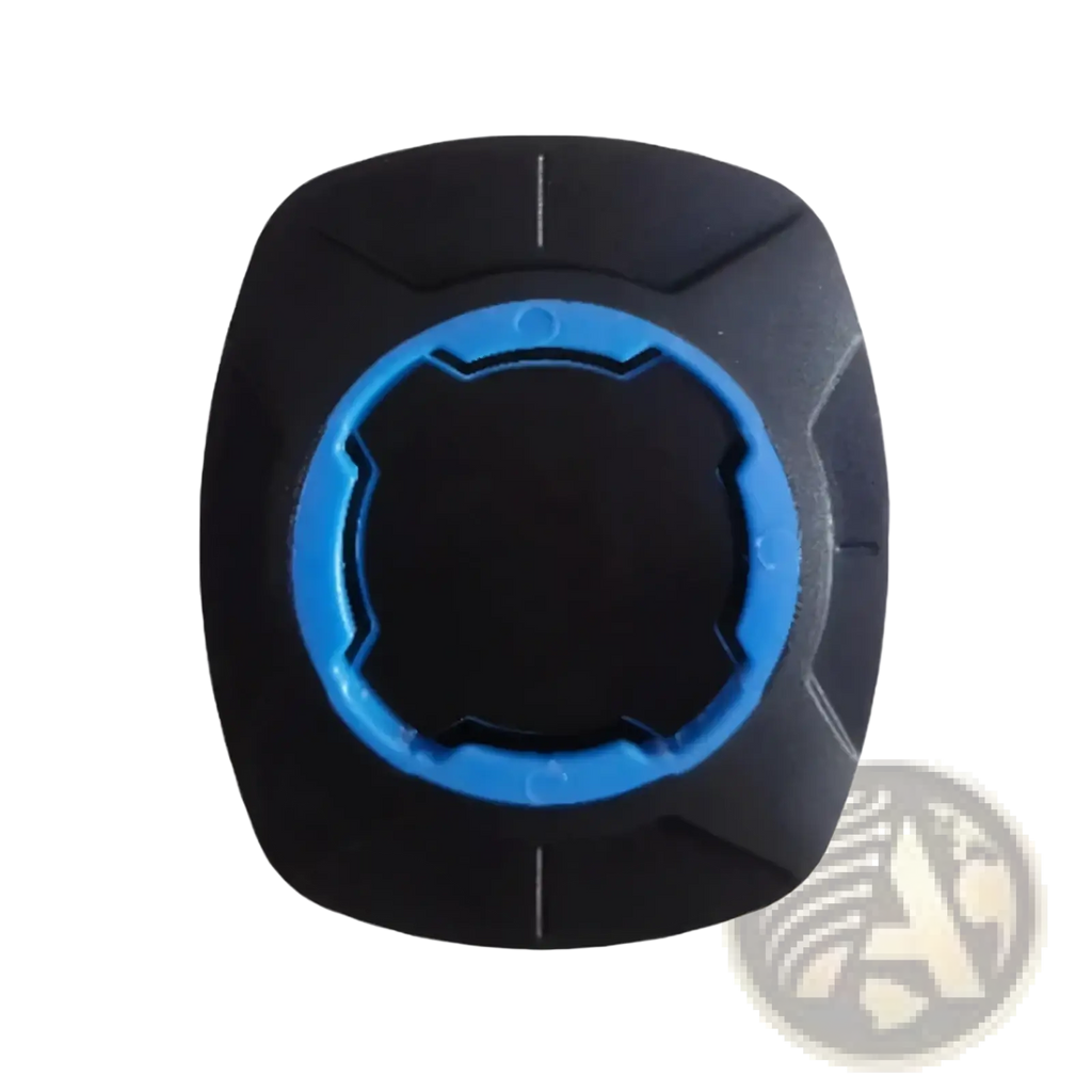 Universal phone mount patch for bicycle handlebars in black and blue plastic with circular gear-like design