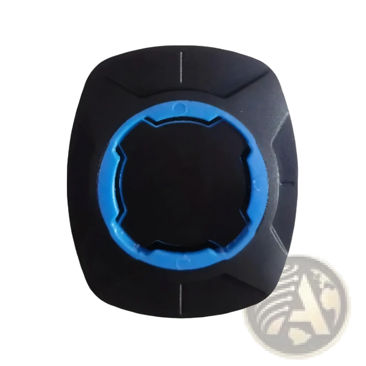 Universal phone mount patch for bicycle handlebars in black and blue plastic with circular gear-like design