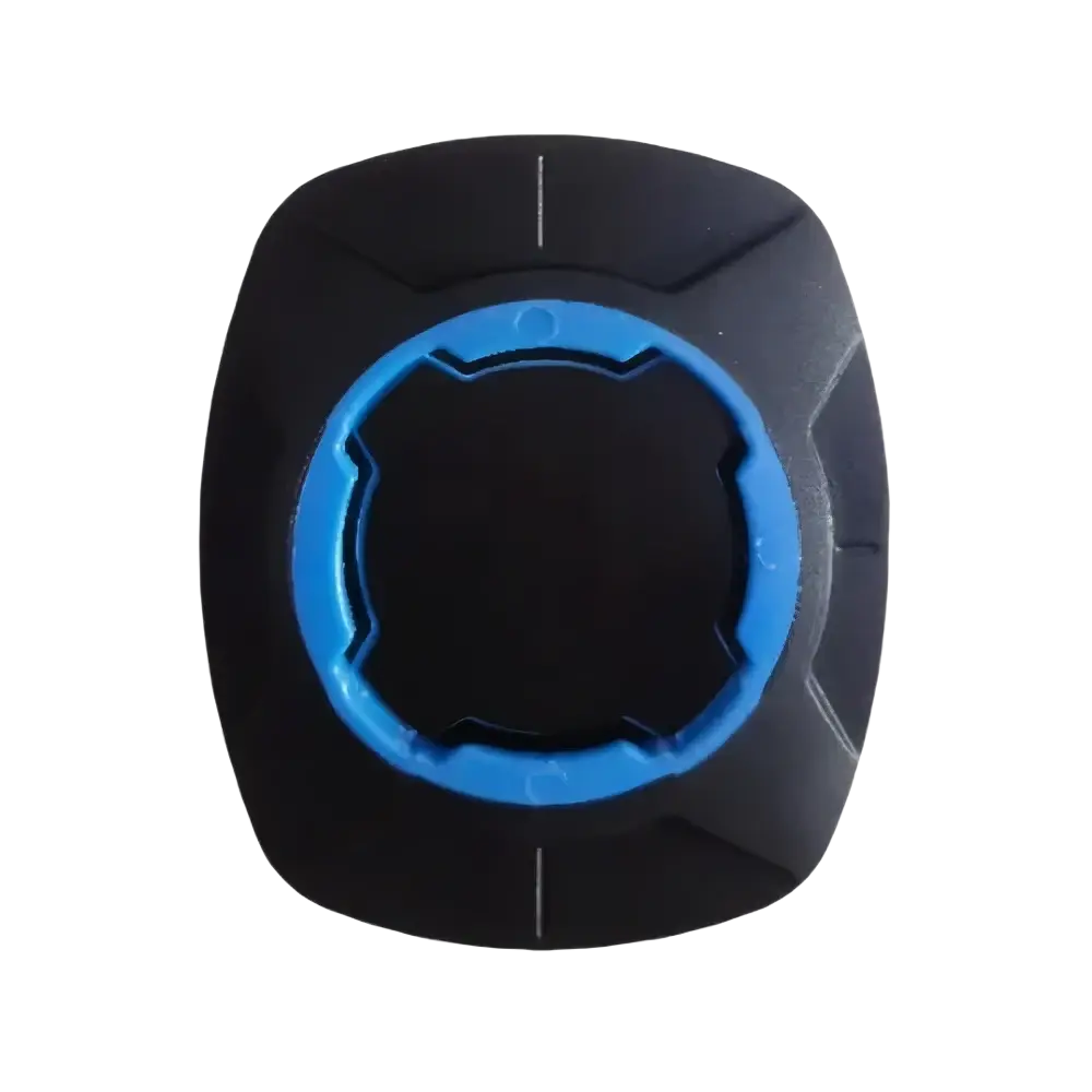 Black and blue plastic universal phone mount patch with circular gear design for bicycle handlebars