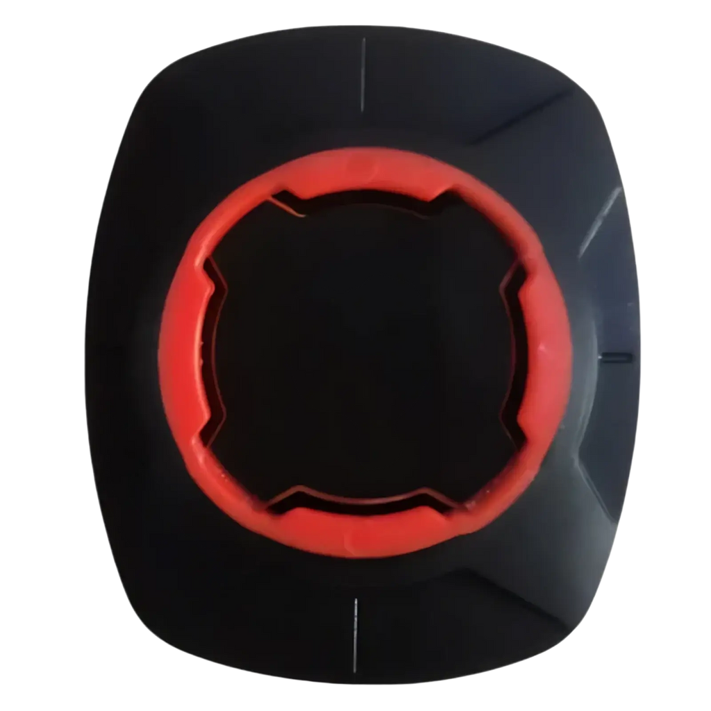 Black and red universal phone mount patch bicycle handlebar adapter with rugged textured wheel hub design