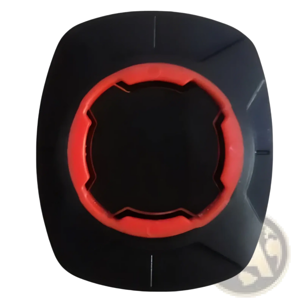 Black and red universal phone mount patch bicycle handlebar adapter with rugged textured wheel hub design