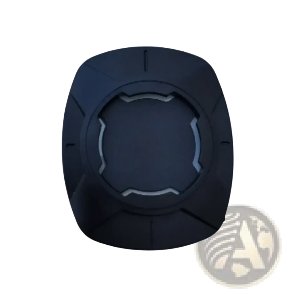 Black square-shaped bicycle stem mount with central circular cutout and angular ridges for universal phone mount patch