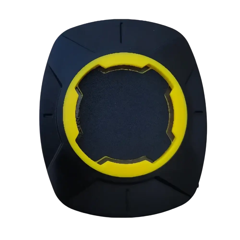 Universal phone mount patch for bicycle handlebars with black and yellow textured square handlebar mount