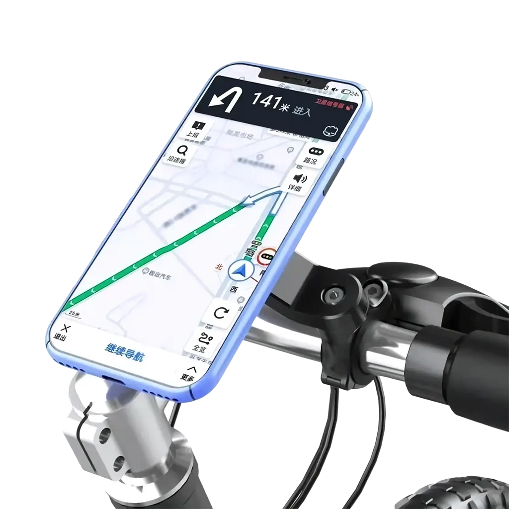 Blue universal phone mount patch made of durable material holding a smartphone on a bicycle handlebar