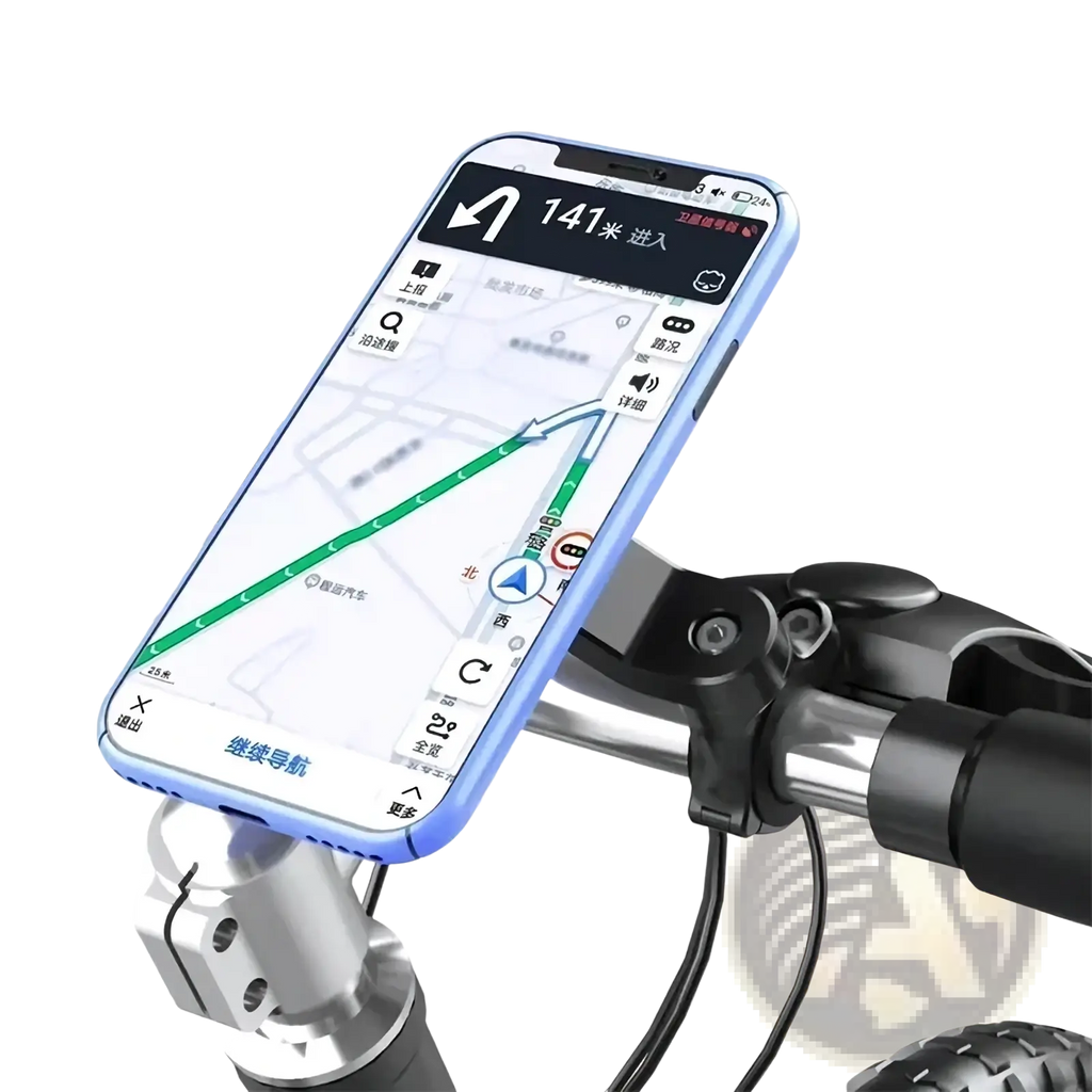 Blue universal phone mount patch made of durable material holding a smartphone on a bicycle handlebar