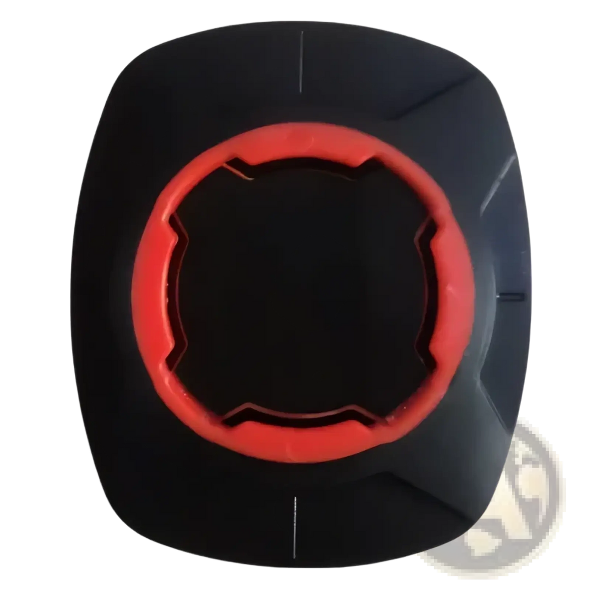 Black and red silicone universal phone mount patch with textured square design for bicycle handlebars