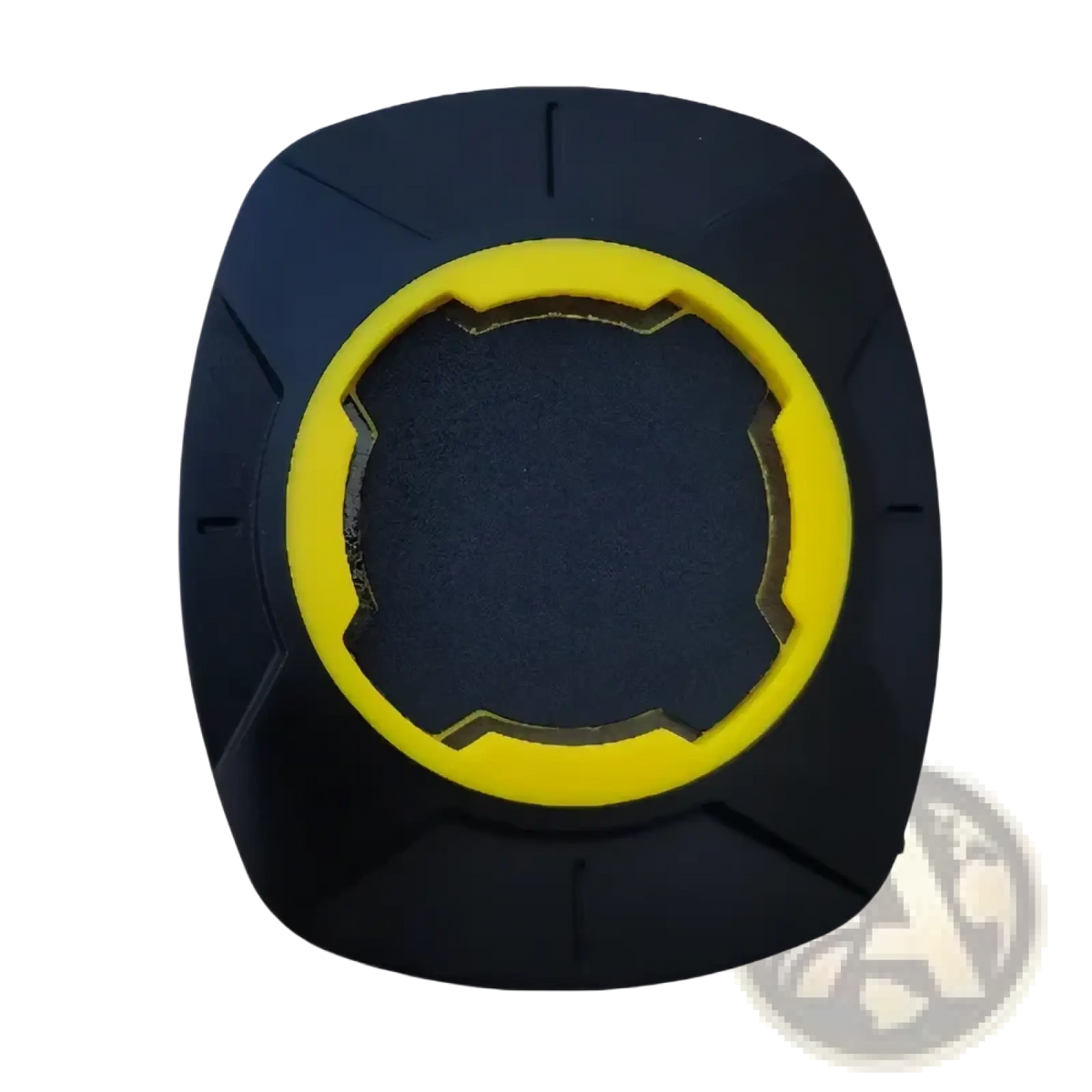 Universal phone mount patch for bicycle handlebars with black and yellow textured square handlebar mount