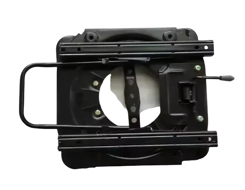 Black metal universal RV swivel seat base with circular cutout and mounting hardware shown from the back side