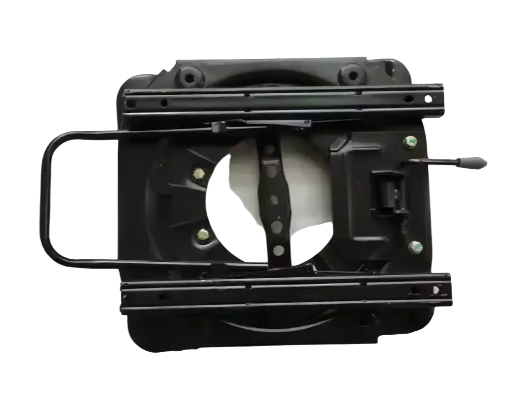 Black metal universal RV swivel seat base with circular cutout and mounting hardware shown from the back side