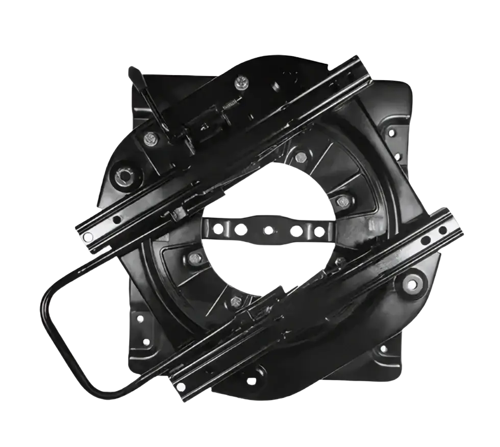 Black metal universal rv swivel seat base with sliding tracks and mounting hardware for secure installation