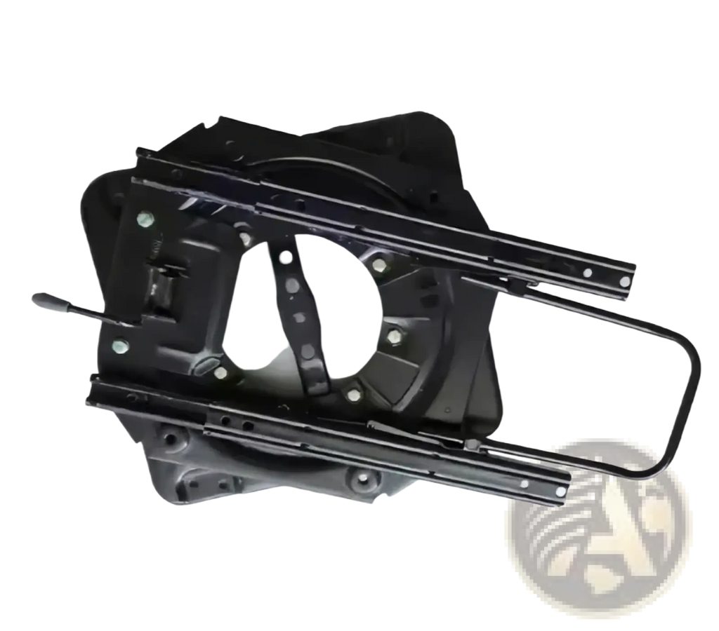 Black metal universal rv swivel seat base with sliding track and circular pivot mechanism shown from the back side