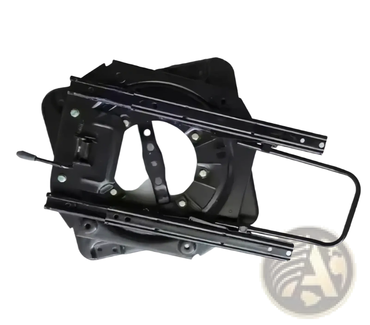 Black metal universal rv swivel seat base with sliding track and circular pivot mechanism shown from the back side