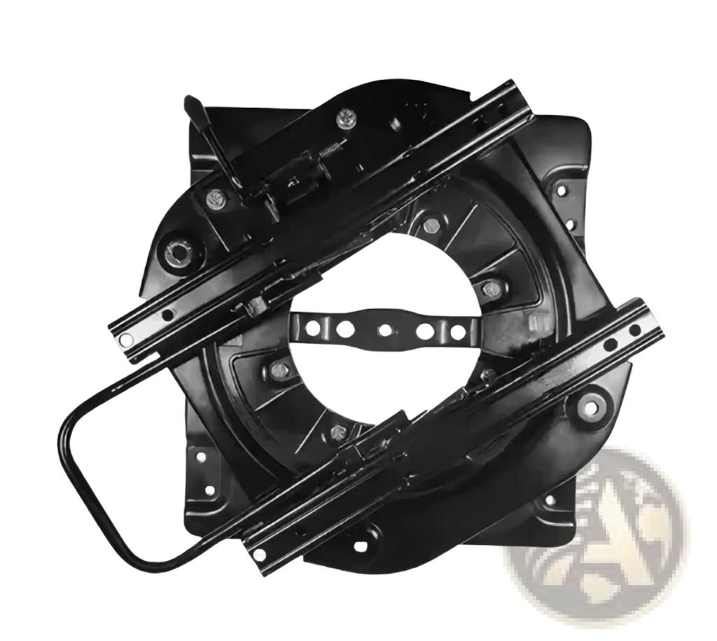 Black metal universal rv swivel seat base with sliding tracks and mounting hardware for secure installation