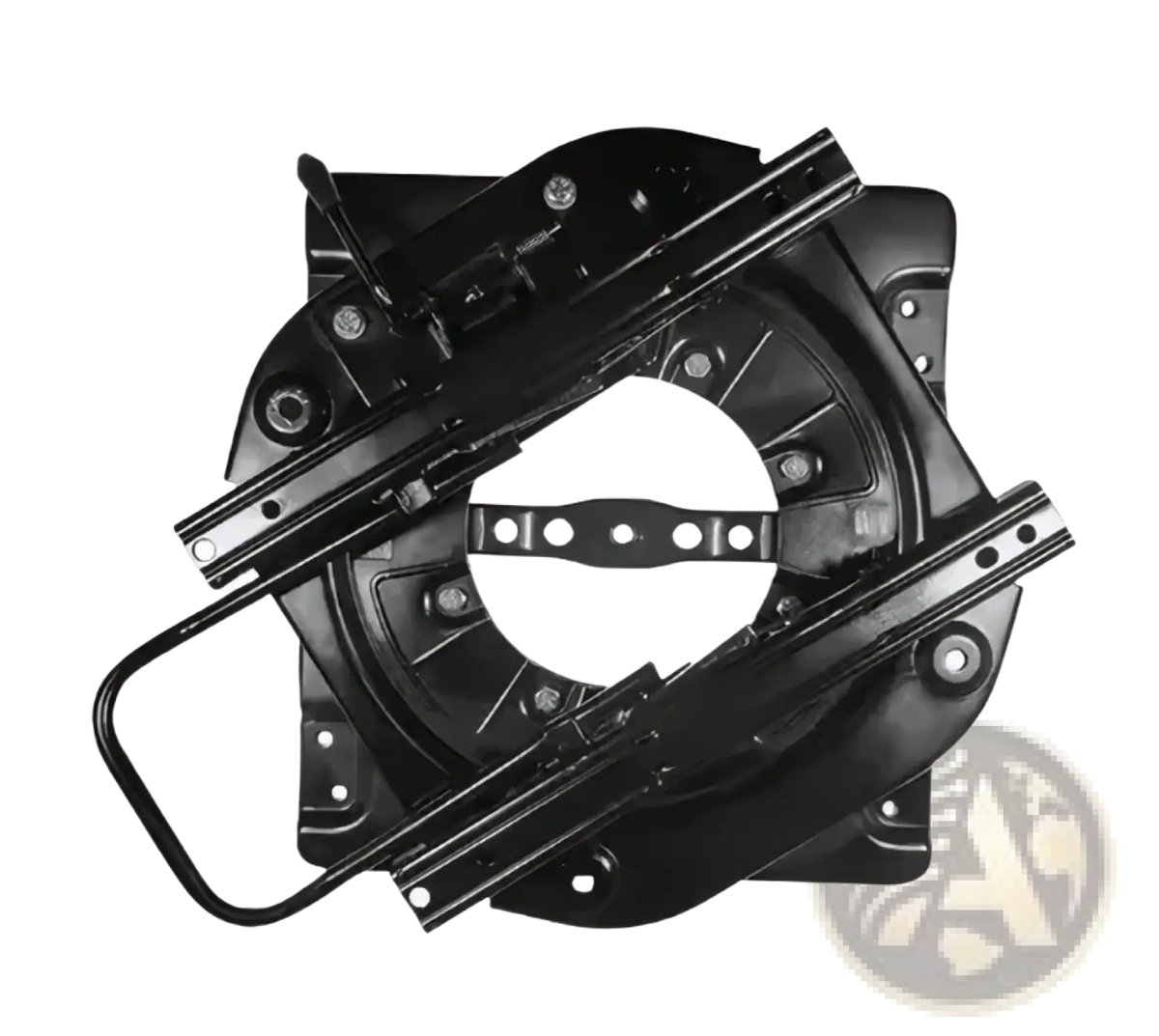 Black metal universal rv swivel seat base with sliding tracks and mounting hardware for secure installation
