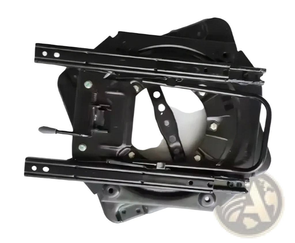 Black metal universal rv swivel seat base with white cushion insert and adjustable mounting brackets shown from back side